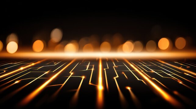 Glowing orange circuits illuminate a dark, futuristic surface extending toward a blurred background of warm lights.