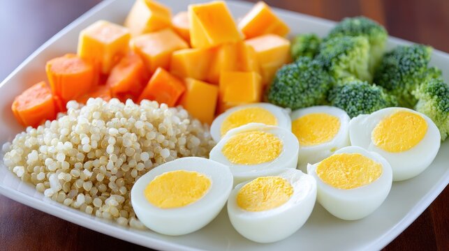 Whole food components featuring grains, vegetables, and prepared poultry ova are arranged neatly on a serving dish.