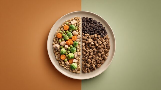 Balanced meal portions arranged in quadrants on a round dish against a split background