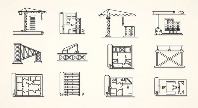 Collection of minimalistic architectural icons, depicting construction phases, blueprints, and cranes, presented on a cream-colored background
