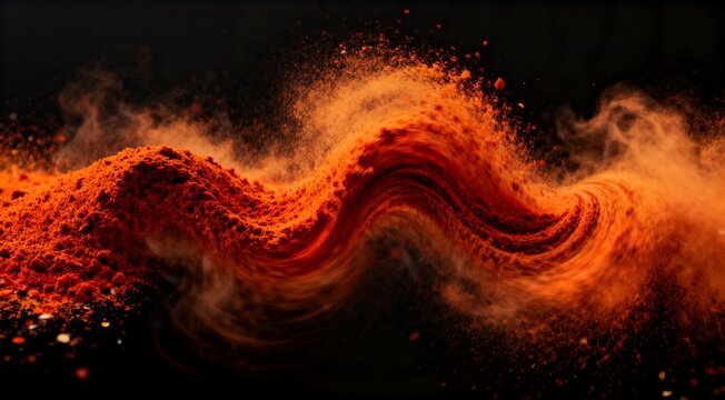 Vibrant orange spice powder wave, berbere spice explosion with smoke