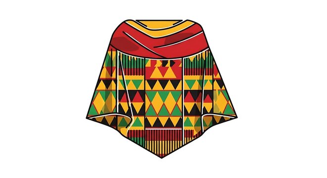 Illustration of a colorful, patterned poncho with geometric designs and fringe detail, rendered in a flat style on white