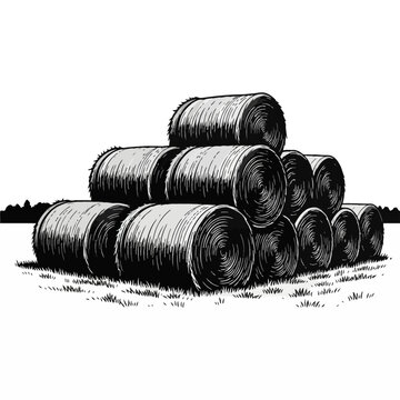 Black and white vector illustration of a large stack of round hay bales on a farm field, featuring detailed hatching and line art for texture, isolated on a white background.