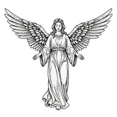 Fototapeta premium Vintage engraving style illustration of a divine female angel with majestic spread wings and flowing garments, black and white sketch of a celestial being isolated on a white background.