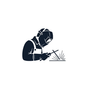 Minimalist black vector logo illustration of a professional welder wearing a protective mask and safety gear while performing arc welding on metal with sparks, isolated on white.
