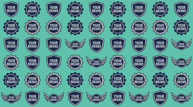A versatile collection of professional logo templates including shields, gears, and winged emblems for corporate branding on a teal background.