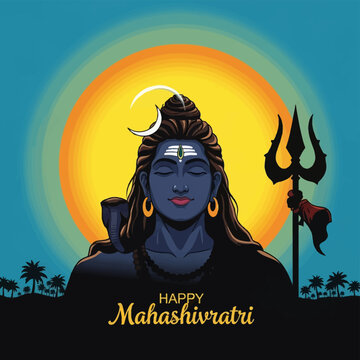 Vector illustration of Lord Shiva in meditation for Mahashivratri festival featuring a crescent moon, cobra around neck, third eye, and trishul trident against a large yellow sun.