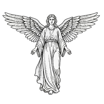 Black and white line art illustration of a graceful female angel with large outstretched wings and a long flowing robe, detailed hand-drawn engraving style on a white background.
