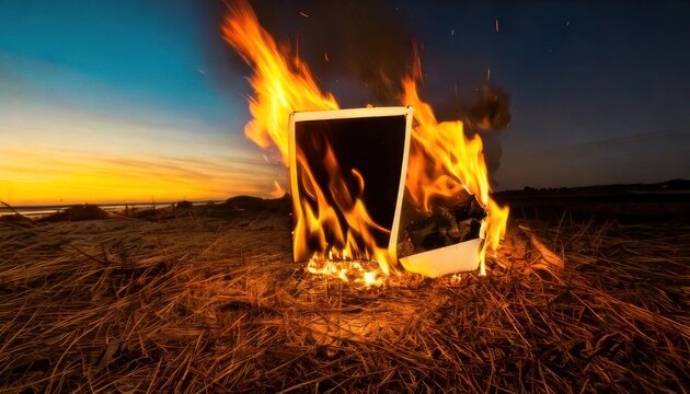 Burning Tablet Device on Dry Grass at Sunset - Technology Destruction.