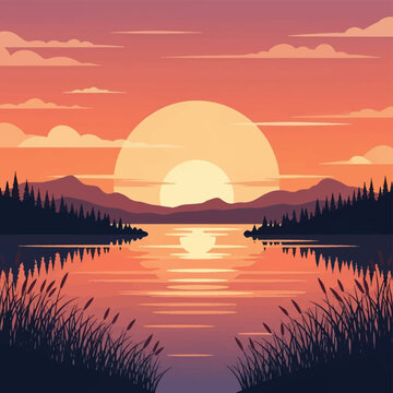 Flat vector illustration of a scenic sunset over a calm lake with mountain silhouettes, a pine tree forest, and cattails in the foreground reflecting on the tranquil water surface.