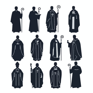 Silhouette set of twelve catholic priest and bishop figures wearing traditional liturgical vestments, holding crosiers, chalices, and holy books on a plain white background.