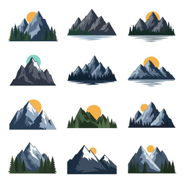 Set of twelve mountain peak illustrations featuring rocky ridges, snow-capped summits, evergreen pine forests, and sunset or moon backgrounds on a plain white background.
