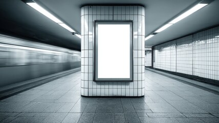 Naklejka premium Blank Advertising Billboard on a Subway Station Pillar with Blurred Train Motion