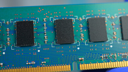 RAM Unit of the computer or DRAM, Dynamic Random Access Memory chips display. Concept of AI boom and massive shortage of RAM, driving prices high as tech giants hoard components for data centers. © ﻿ MotionPixxleStudio