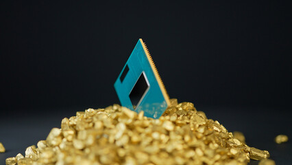 CPU Central Processing Unit of the computer in the pile of gold. Concept of AI boom triggered a massive shortage of CPUs, driving prices high as tech giants hoard components for data centers. © ﻿ MotionPixxleStudio