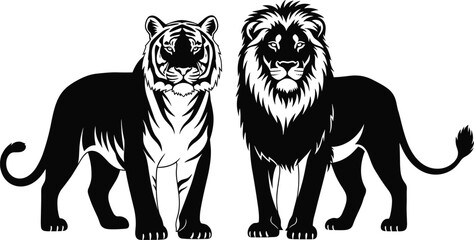 Stylized black and white illustration of tiger and lion side by side showcasing stripes and mane in bold detail © Rokon