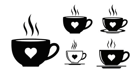 Obraz premium Set of five black coffee mug and tea cup silhouettes with heart symbols and rising steam, isolated on white background, minimalist flat vector icons for cafe and beverage branding.