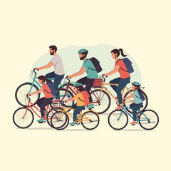 Obraz premium Vector illustration of a diverse group of adults and children riding bicycles together, wearing safety helmets and backpacks, depicted in a flat design style on a light background.