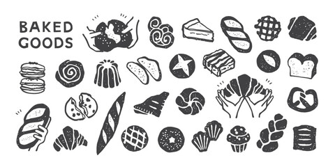 Textured ink sketch baked goods with hands holding and breaking bread, including loaves, croissants, pastries and sweet treats, drawn with grainy speckled texture and rough edges © zussa