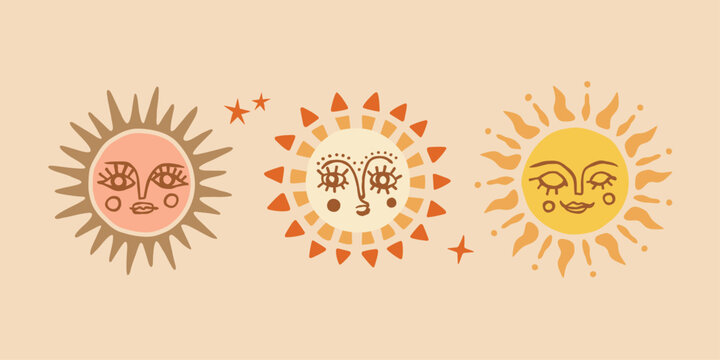 Boho mystical sun face illustrations with varied expressions and different ray styles, with eyelashes, cheek marks, character details and small stars in the background