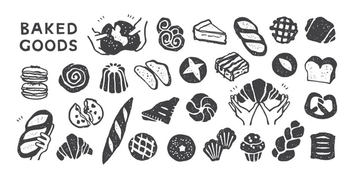 Textured ink sketch baked goods with hands holding and breaking bread, including loaves, croissants, pastries and sweet treats, drawn with grainy speckled texture and rough edges
