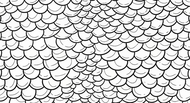 Seamless vector illustration of a black and white hand-drawn dragon scale pattern. The design features overlapping semi-circular fish scales in a repetitive tileable texture.