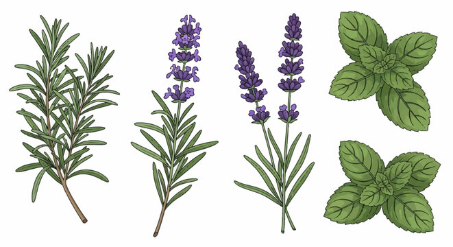 Set of hand-drawn botanical illustrations featuring rosemary sprigs, purple lavender flowering stems, and fresh mint leaf clusters, isolated on a white background.