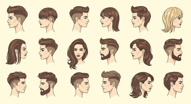 Set of vector illustrations depicting different professional hairstyles for men and women, including undercuts, fades, pixie cuts, and long wavy hair in profile views.