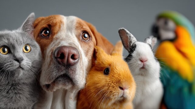 Diverse Group of Adorable Domestic Pets Including Dog, Cat, Rabbit, Guinea Pig, and Parrot Posing Together