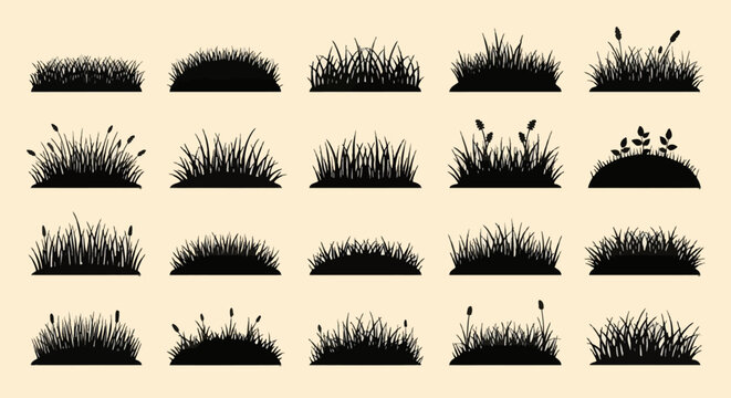 Large collection of twenty distinct black grass silhouette icons featuring various meadow plants, lawn tufts, weeds, and wetland reeds isolated on a plain light cream background.