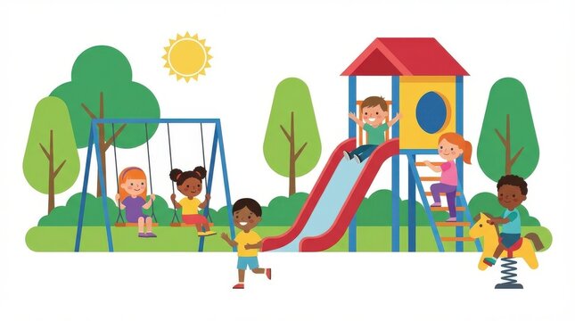 Children Playing Together At Colorful Park Playground.