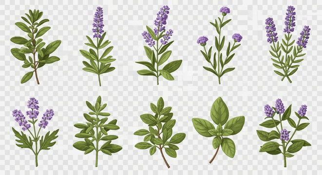 Botanical illustration set featuring various culinary and medicinal herbs like lavender flowers, sage leaves, and basil sprigs isolated on a transparent background for graphic design.