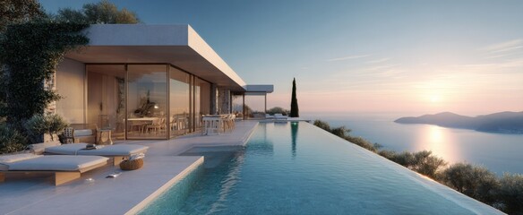 Naklejka premium Luxury Modern Villa with Infinity Pool Overlooking a Serene Ocean Sunset in a Tropical Paradise