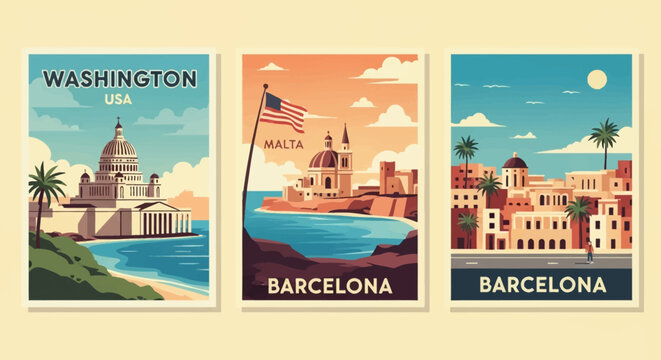 Set of three vintage style travel posters featuring Washington USA with Capitol dome, coastal Malta with American flag, and Barcelona with Mediterranean buildings and palm trees.