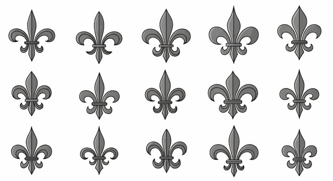 Collection of fifteen grey fleur-de-lis icons arranged in a three by five grid on a white background. Detailed heraldic lily symbols with black outlines and soft shadows.