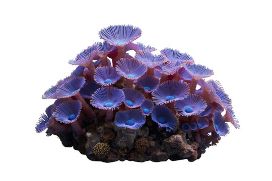 Vibrant purple and blue zoanthid polyps thriving on live rock, depicting healthy marine life. Transparent background