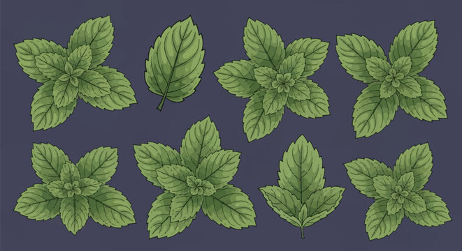Vector illustration collection of fresh green mint leaves and sprigs including peppermint and spearmint varieties, isolated on a dark background for botanical herb design.