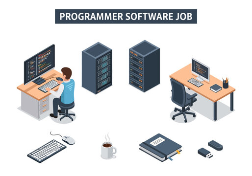 Programmer Working In Software Development Office Creating Code On Computer With Servers And Desk Setup
