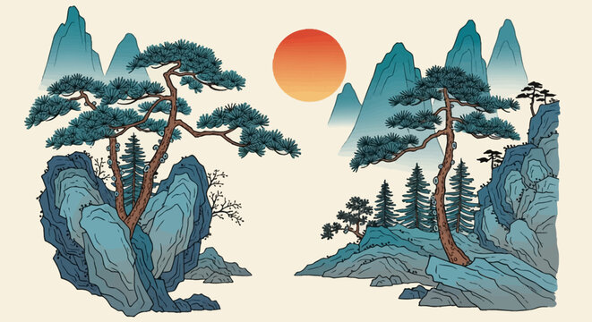Traditional East Asian ink wash style landscape illustration featuring stylized pine trees growing from jagged rocks with blue mountains and a large orange sun on a cream background.