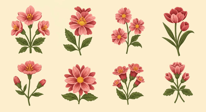 Set of vintage-style botanical illustrations featuring various pink flower arrangements with green leaves on a cream background, retro floral graphic elements for design and decor.