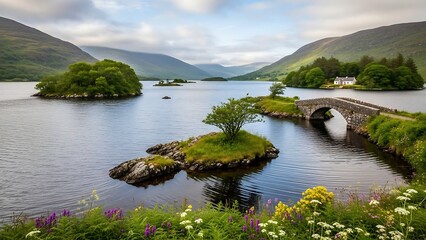 Obraz premium Picturesque Irish Landscape - Serene Lake, Islands, and Stone Bridge.