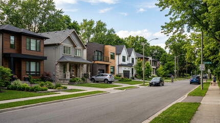 Obraz premium A new residential neighborhood features luxury suburban houses with modern architecture and green lawns under a clear blue sky on a quiet street in the city