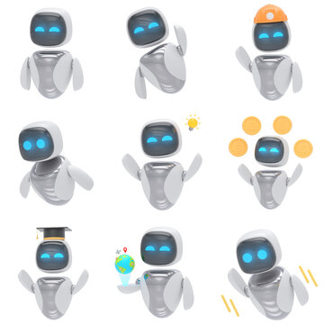 Collection set of robot activity 3d icon in cartoon plastic style minimal isolated on transparent white background, clipping path
