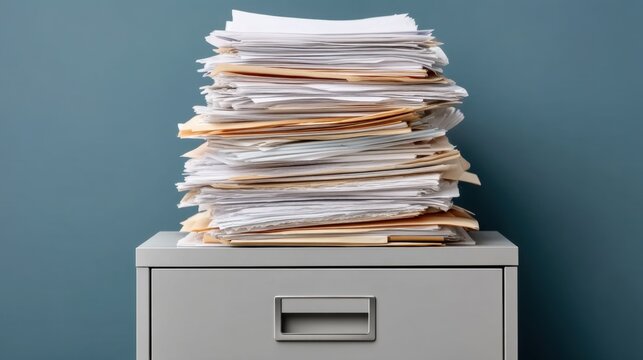 Large Pile of Papers and Documents on Filing Cabinet Against Blue Wall in Modern Office Setting