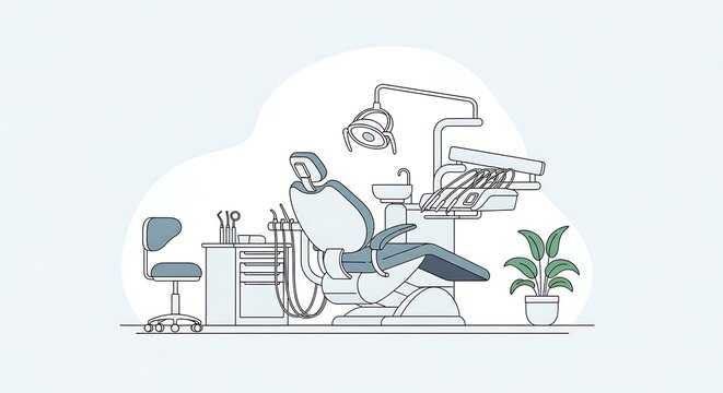 Illustration of a dental examination room with a chair, tools, and a cabinet, presented in a minimalist, light color scheme