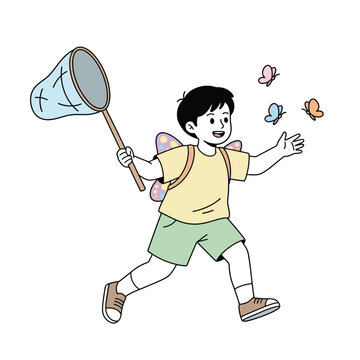 haracter illustration of a kid chasing butterflies in the garden using a net, flat design style isolated on white.