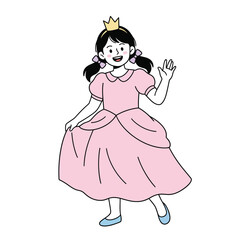 Fototapeta premium A happy young girl with pigtails wearing a small golden crown and a beautiful pink puffy princess dress, waving her hand. Flat design pastel illustration.