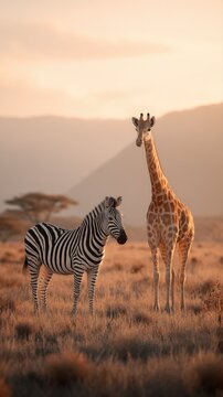 Majestic Zebra and Giraffe Standing Together in African Savannah During Golden Hour Sunset