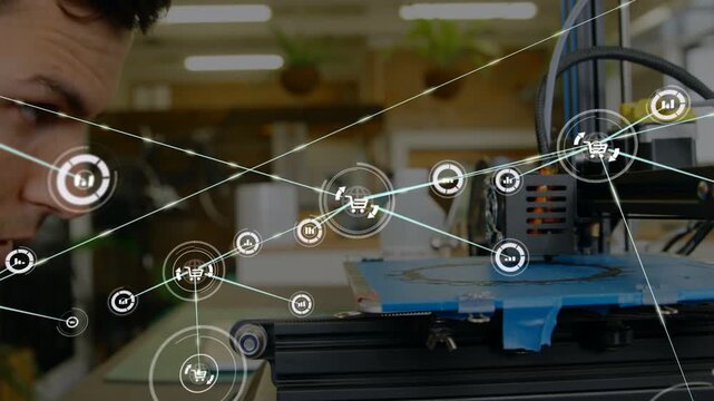 HUD nodes and charts fading, forming network, tech leaning at 3D printer inspecting extruder for QA