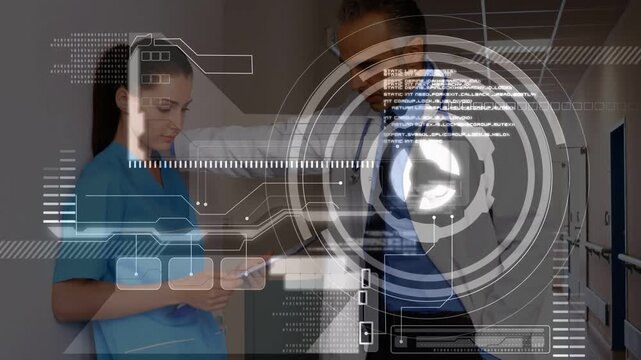 HUD pulsing urging team consulting in corridor nurse tapping tablet doctor leaning with stethoscope